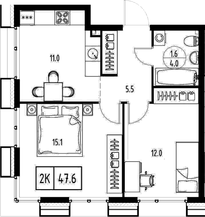 Планировка — Сколково ВАН, 2-комн., 48 м²