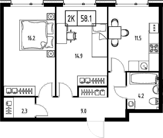 Планировка — Сколково ВАН, 2-комн., 58 м²