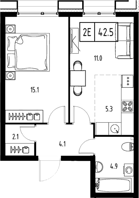Планировка — Сколково ВАН, 2-комн., 43 м²