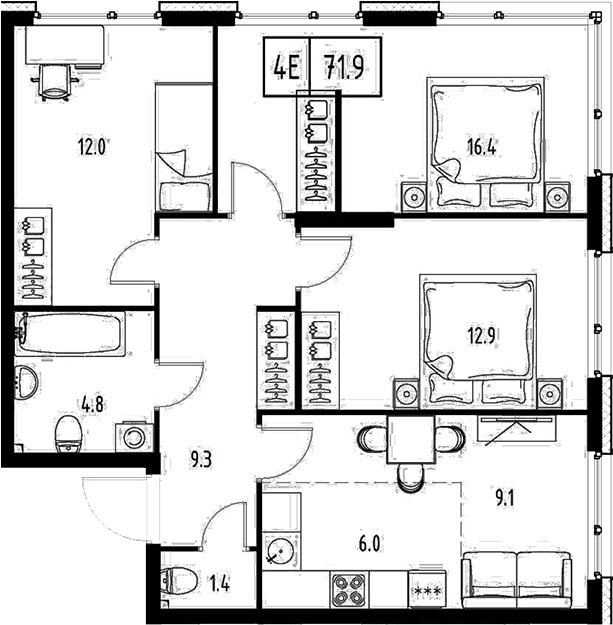 Планировка — Сколково ВАН, 4-комн., 72 м²