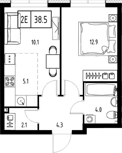 Планировка — Сколково ВАН, 2-комн., 39 м²