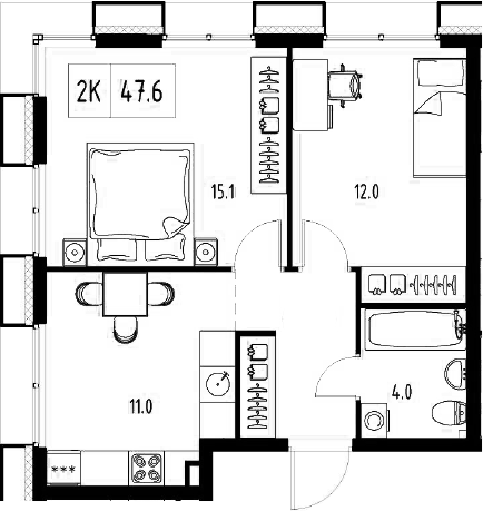 Планировка — Сколково ВАН, 2-комн., 48 м²