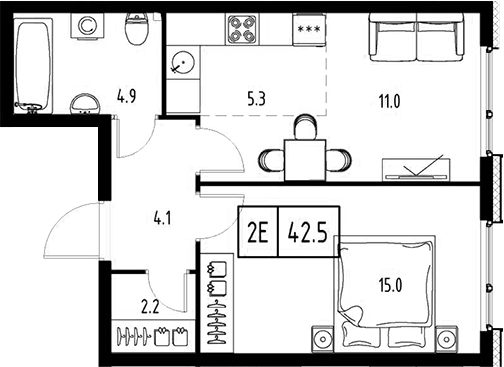 Планировка — Сколково ВАН, 2-комн., 43 м²