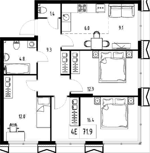 Планировка — Сколково ВАН, 4-комн., 72 м²