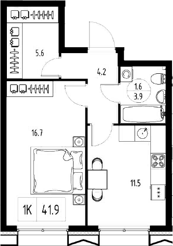 Планировка — Сколково ВАН, 1-комн., 42 м²