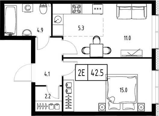 Планировка — Сколково ВАН, 2-комн., 43 м²