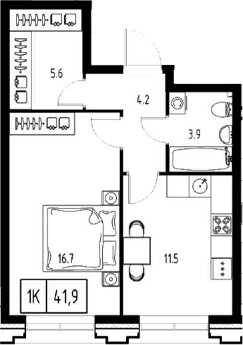 Планировка — Сколково ВАН, 1-комн., 42 м²