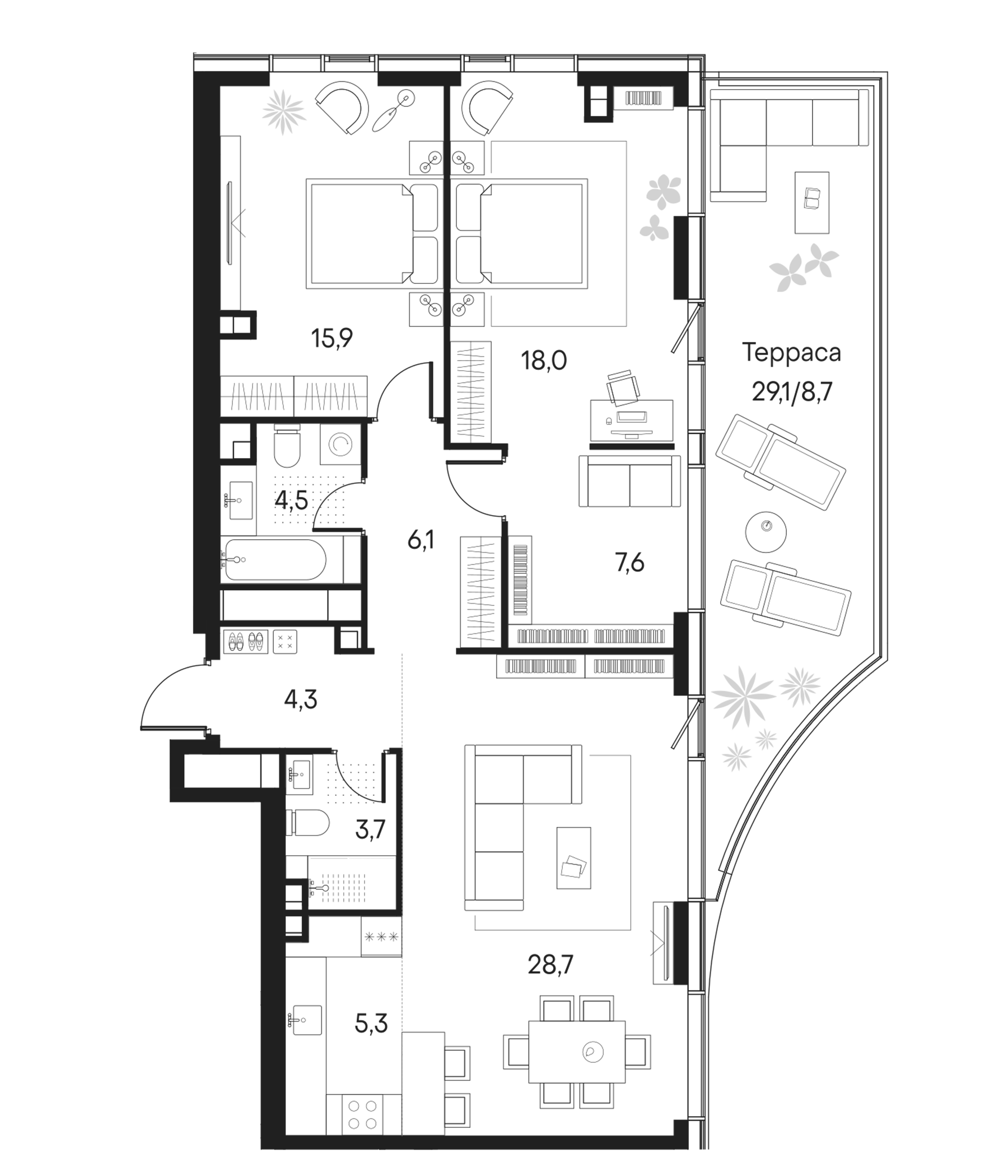 Планировка — Клубный город на реке Primavera, 3-комн., 94 м²