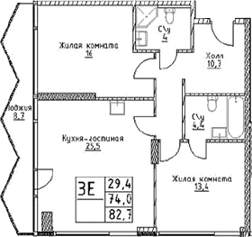 Планировка — Наметкин Тауэр, 3-комн., 74 м²
