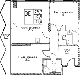 Планировка — Наметкин Тауэр, 3-комн., 73 м²
