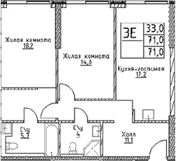 Планировка — Наметкин Тауэр, 3-комн., 71 м²