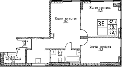 Планировка — Наметкин Тауэр, 3-комн., 68 м²