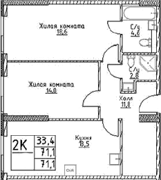 Планировка — Наметкин Тауэр, 2-комн., 71 м²