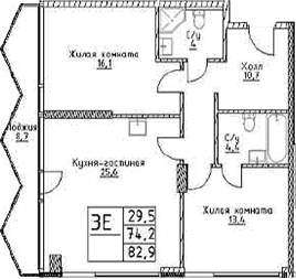 Планировка — Наметкин Тауэр, 3-комн., 74 м²