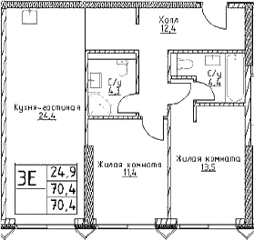 Планировка — Наметкин Тауэр, 3-комн., 70 м²