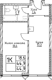 Планировка — Наметкин Тауэр, 1-комн., 45 м²