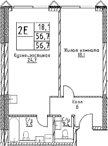 Планировка — Наметкин Тауэр, 2-комн., 57 м²