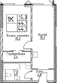 Планировка — Наметкин Тауэр, 1-комн., 44 м²