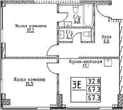 Планировка — Наметкин Тауэр, 3-комн., 67 м²