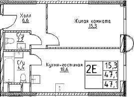 Планировка — Наметкин Тауэр, 2-комн., 47 м²