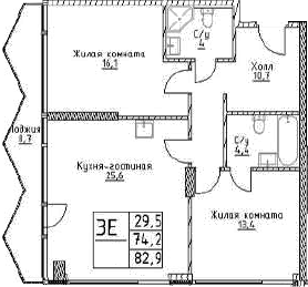 Планировка — Наметкин Тауэр, 3-комн., 74 м²