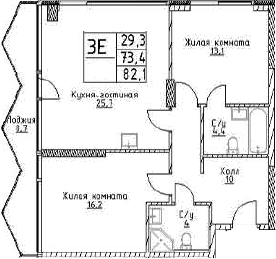 Планировка — Наметкин Тауэр, 3-комн., 73 м²
