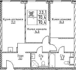 Планировка — Наметкин Тауэр, 3-комн., 70 м²
