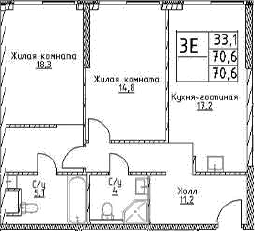 Планировка — Наметкин Тауэр, 3-комн., 71 м²