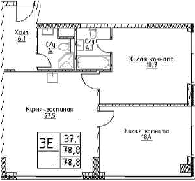 Планировка — Наметкин Тауэр, 3-комн., 79 м²