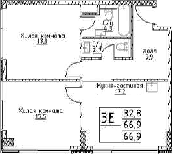 Планировка — Наметкин Тауэр, 3-комн., 67 м²