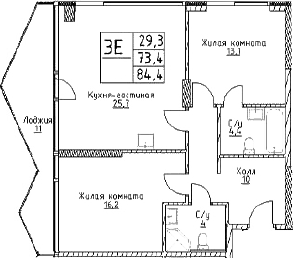 Планировка — Наметкин Тауэр, 3-комн., 73 м²