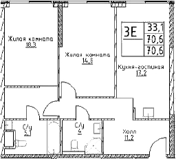 Планировка — Наметкин Тауэр, 3-комн., 71 м²