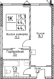 Планировка — Наметкин Тауэр, 1-комн., 44 м²