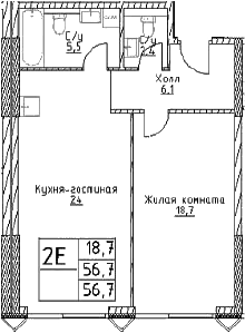 Планировка — Наметкин Тауэр, 2-комн., 57 м²