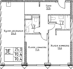 Планировка — Наметкин Тауэр, 3-комн., 70 м²