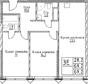 Планировка — Наметкин Тауэр, 3-комн., 69 м²
