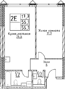 Планировка — Наметкин Тауэр, 2-комн., 56 м²