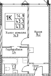 Планировка — Наметкин Тауэр, 1-комн., 43 м²