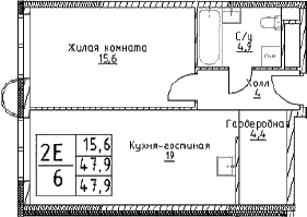 Планировка — Наметкин Тауэр, 2-комн., 48 м²