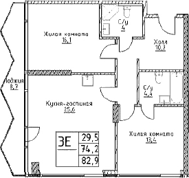 Планировка — Наметкин Тауэр, 3-комн., 74 м²