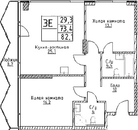 Планировка — Наметкин Тауэр, 3-комн., 73 м²