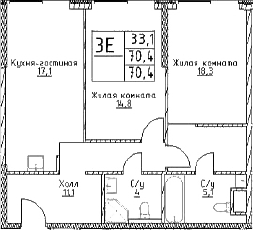 Планировка — Наметкин Тауэр, 3-комн., 70 м²