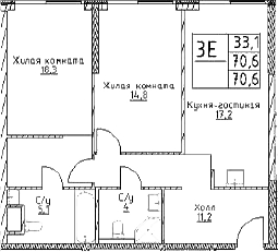 Планировка — Наметкин Тауэр, 3-комн., 71 м²
