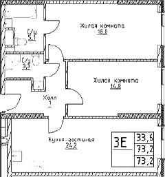 Планировка — Наметкин Тауэр, 3-комн., 73 м²