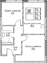 Планировка — Наметкин Тауэр, 3-комн., 57 м²