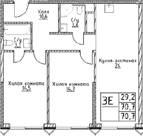 Планировка — Наметкин Тауэр, 3-комн., 71 м²