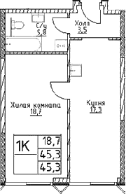 Планировка — Наметкин Тауэр, 1-комн., 45 м²