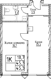 Планировка — Наметкин Тауэр, 1-комн., 45 м²