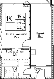 Планировка — Наметкин Тауэр, 1-комн., 44 м²