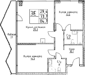 Планировка — Наметкин Тауэр, 3-комн., 74 м²